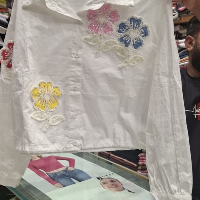White with multicolor floral embellishments Shirt