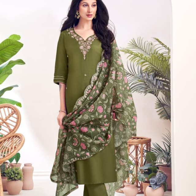 Olive Green, Pink, White Salwar Suit