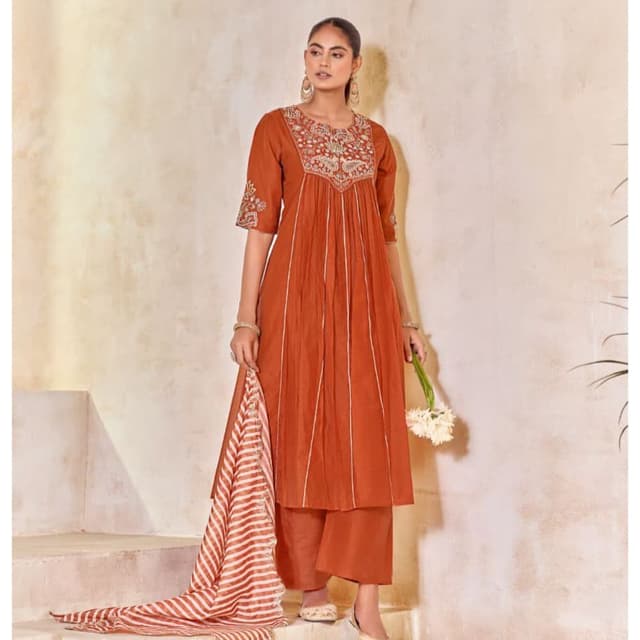 Terracotta and White Kurta with Pants and Dupatta