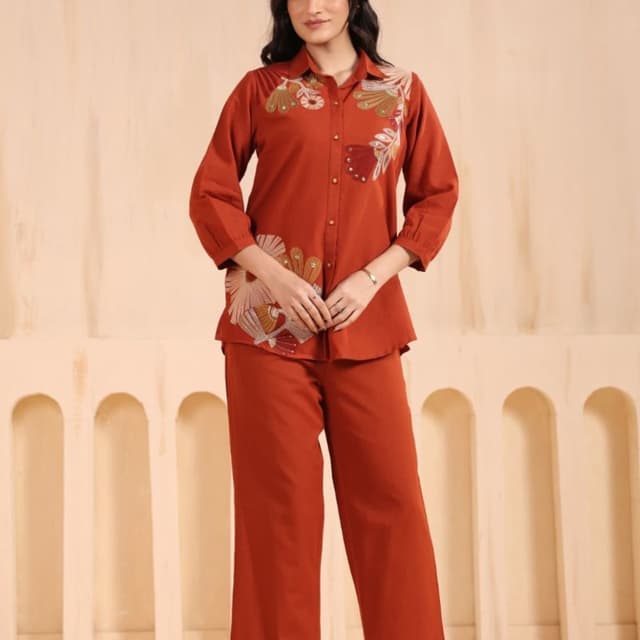 Rust, Beige, Green Shirt and Trousers