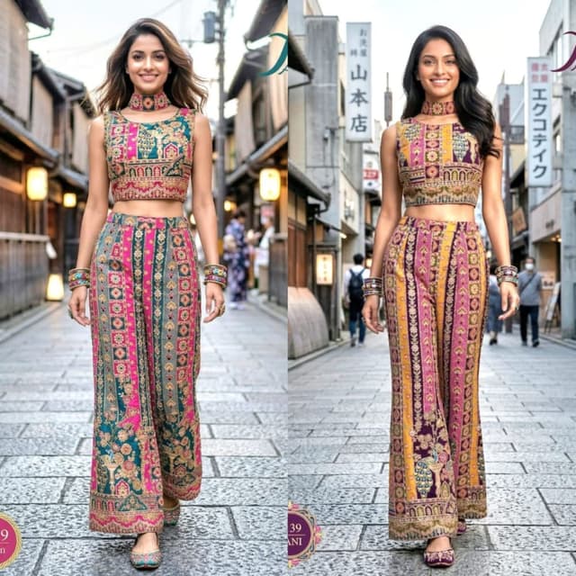 Pink, Teal, Gold, Purple, and other jewel tones. Crop Top and Palazzo Pants set