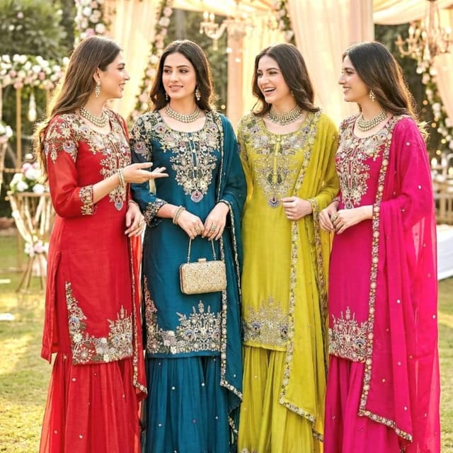Red, Teal, Yellow, Pink, and Gold Salwar Kameez with Sharara