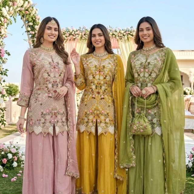 Pink, Yellow, and Olive Green Salwar Kameez Suit