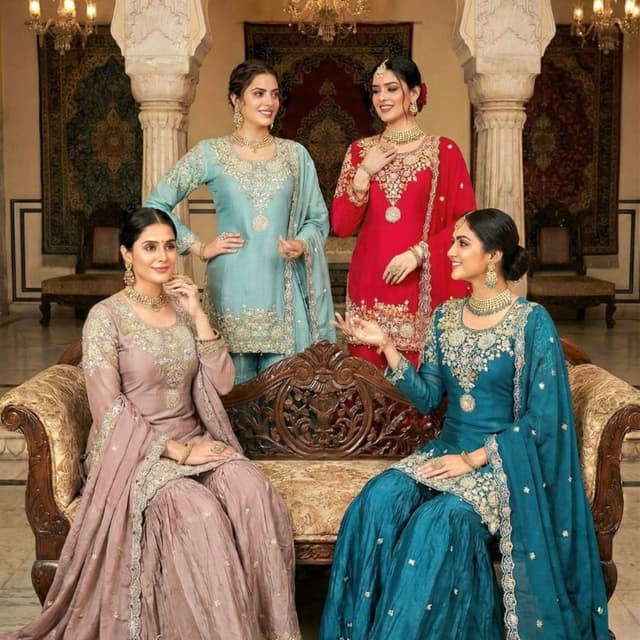 Various, including shades of Teal, Red, Lavender, and Aqua Sharara Suit