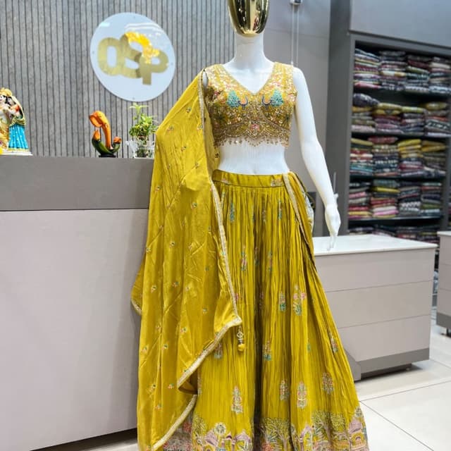 Mustard yellow with multicolor embroidery Lehenga Choli