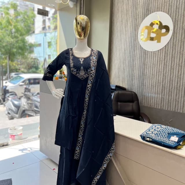 Navy Blue with Silver and Light Blue accents Salwar Kameez with Dupatta