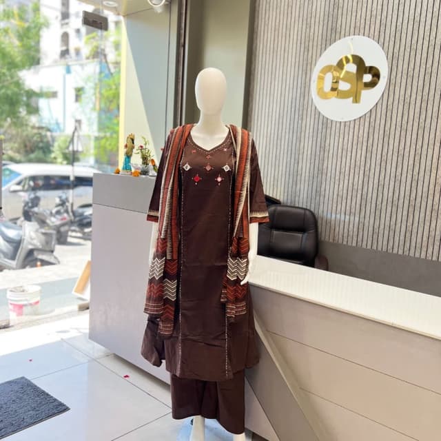Brown, Orange, White Kurta Set with Scarf
