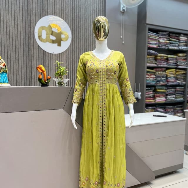 Lime Green, with accents of gold, pink, purple, and brown Dress