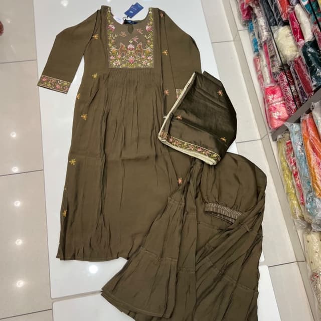 Olive Green with Multi-colored Embroidery Salwar Suit Set