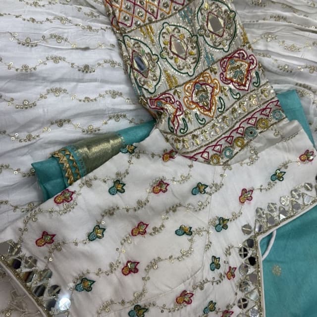 White, Teal, Gold, Multi-colored embroidery Blouse