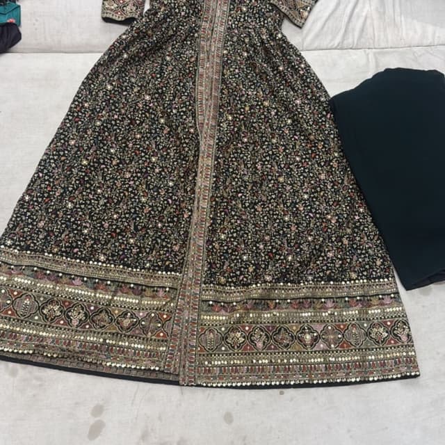 Black with multicolor floral embroidery and gold accents Anarkali Suit