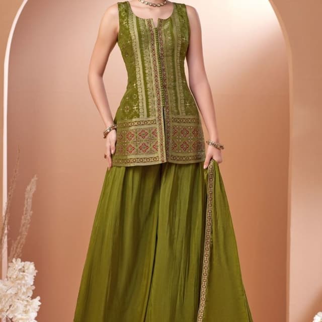 Olive Green with Gold and Red accents Sharara Suit