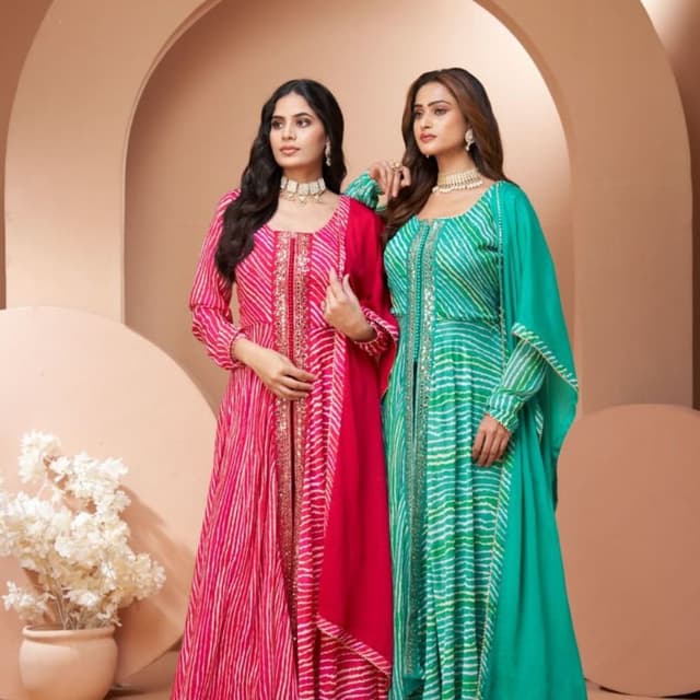 Pink, Green, White, and Gold Anarkali Dress with Dupatta