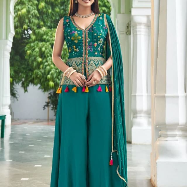 Teal, green, yellow, pink, and gold Palazzo suit