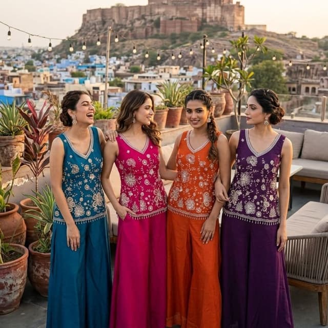 Teal, Fuchsia, Orange, Purple Kurta with Palazzo Set