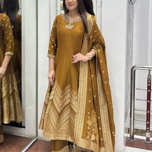 Mustard yellow with gold accents Anarkali Suit Set