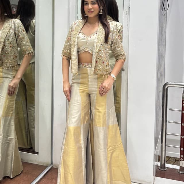 Gold, Beige Jacket, Crop Top, Palazzo Pants