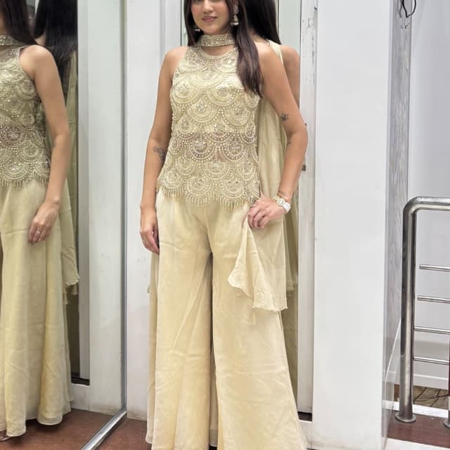 Ivory and Gold Palazzo Pant Set with Cape
