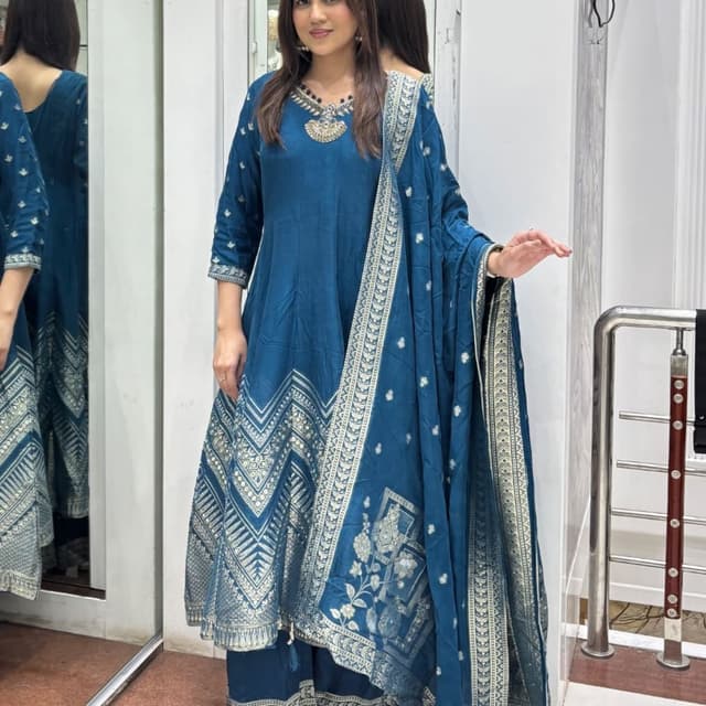 Teal and Silver Anarkali Suit