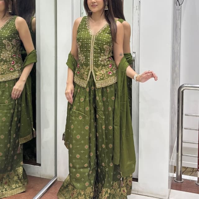 Green and Gold with accents of Pink Sharara Suit Set