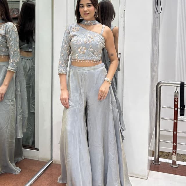 Light Blue/Grey with Beige and Gold accents Palazzo Pant Suit