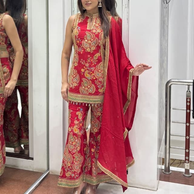 Red, Gold, Green, and Multicolor Embroidery Sharara Suit