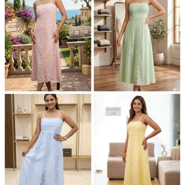 Pastel shades including pink, light green, light blue, and yellow. Dress
