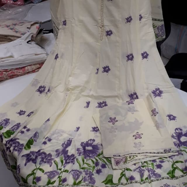 Off-white with purple and green floral print Anarkali Suit