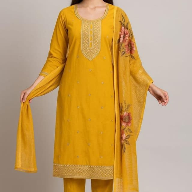 Mustard Yellow with Floral Accents Salwar Kameez Set with Dupatta