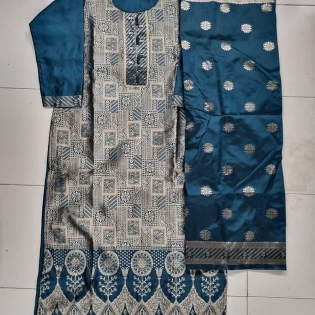 Teal, Beige, Silver Kurta Set with Dupatta