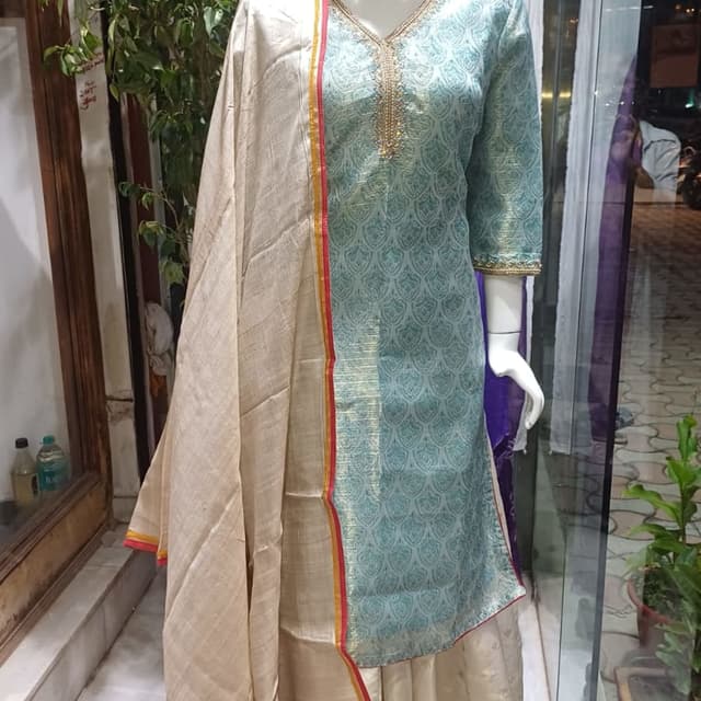 Teal, beige, gold, pink, red Kurta with skirt and dupatta