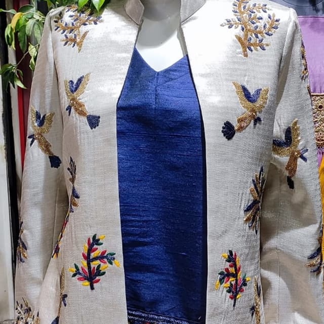 Off-white, Blue, Gold, Yellow, Red, Green Jacket (over a dress/kurti)