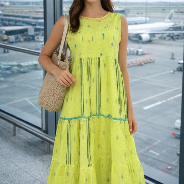 Lime green with black, blue, and multicolor accents Dress