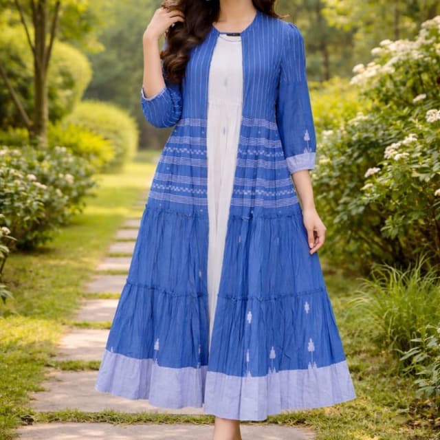 Royal Blue, White, Light Blue Anarkali Suit with Jacket
