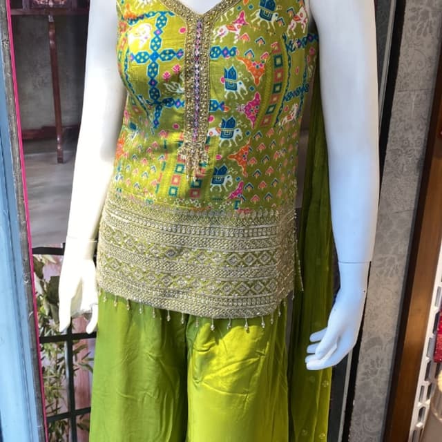 Lime Green, Multi-color Kurta Set with Palazzo Pants