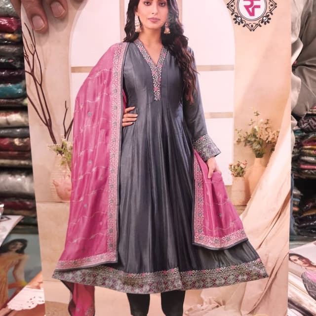 Grey, Pink, Black Anarkali Suit
