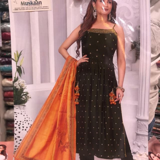 Dark Green with Orange Dupatta Anarkali Suit with Churidar and Dupatta