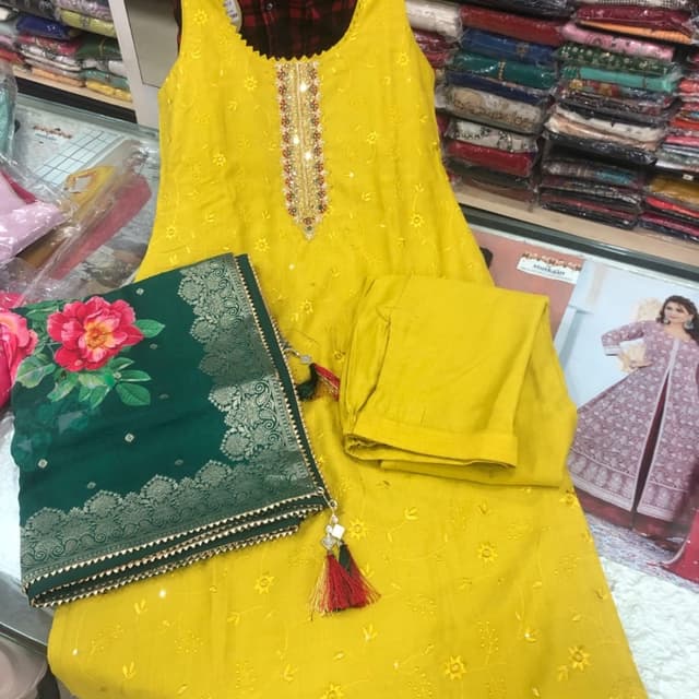 Yellow, Green, Red, Gold Kurta Set