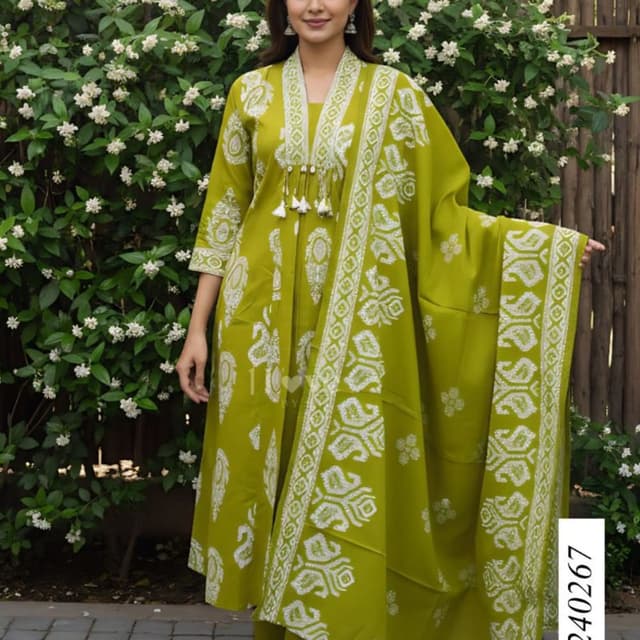 Lime Green with White Print Kurta Set (Kurta, Pants, Dupatta)