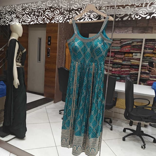 Teal with silver and gold accents Anarkali Dress