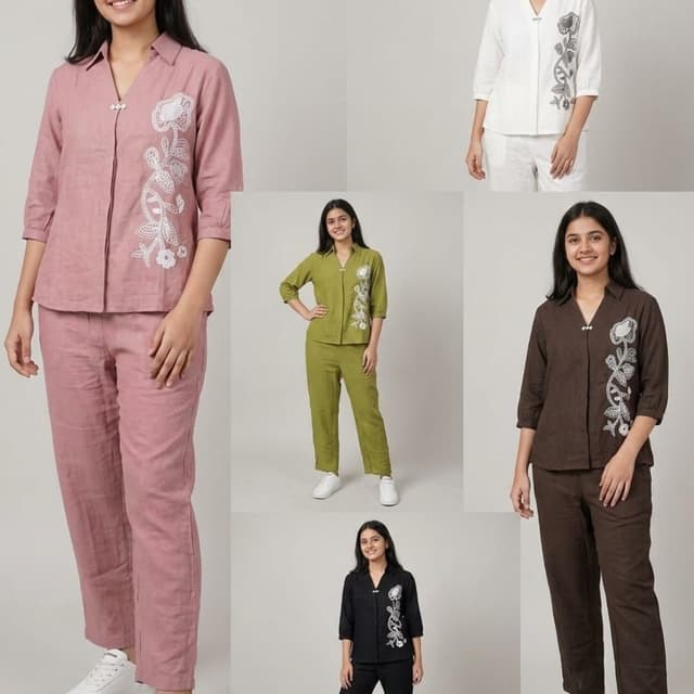 Pink, Olive Green, White, Dark Brown, Black with White Embroidery Co-ord Set (Shirt and Pants)
