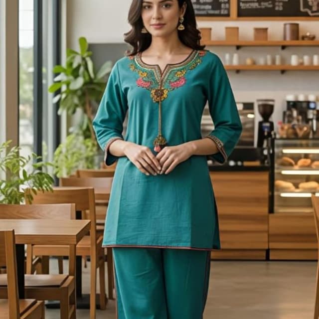 Teal with multicolor embroidery Kurta and Pants Set