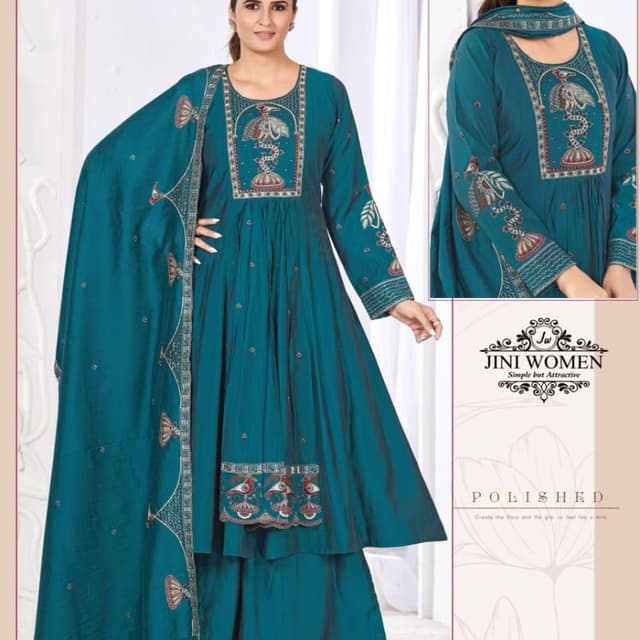Teal, with accents of red, white, and brown Anarkali Suit with Palazzo Pants and Dupatta