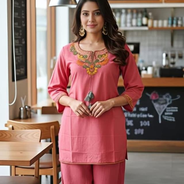 Rose Pink with multicolored embroidery Kurta and Pants Set