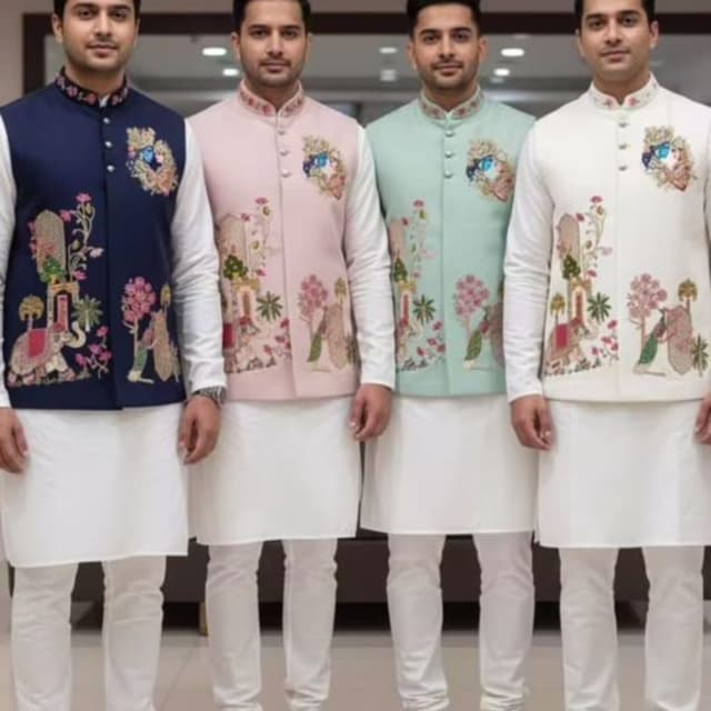 Navy blue, Pink, Mint green, Cream, White, Multicolor embroidery Men's Kurta Set with Nehru Jacket