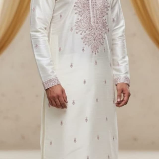 Off-white with subtle pink embroidery Kurta Pajama