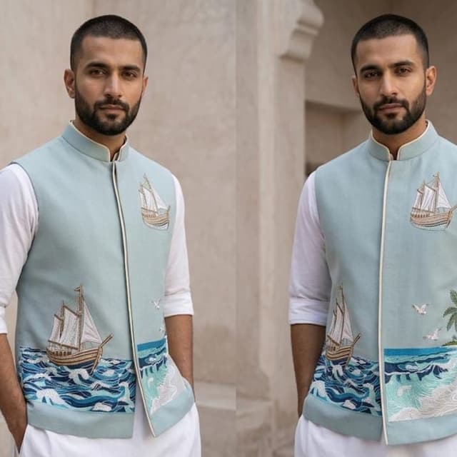Light Blue, White, Blue, Brown Nehru Jacket