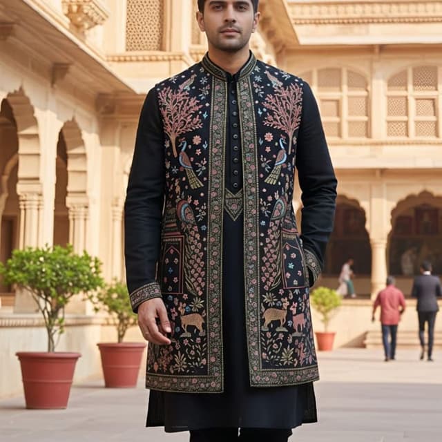 Black with colorful embroidery (pinks, blues, greens, gold) Sherwani with Nehru jacket style overlay