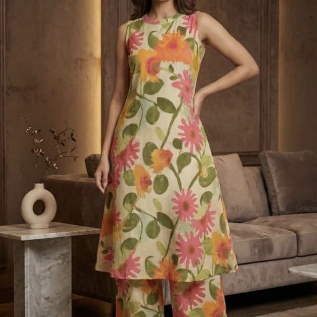 Cream, Pink, Orange, Green Kurta and Palazzo Set