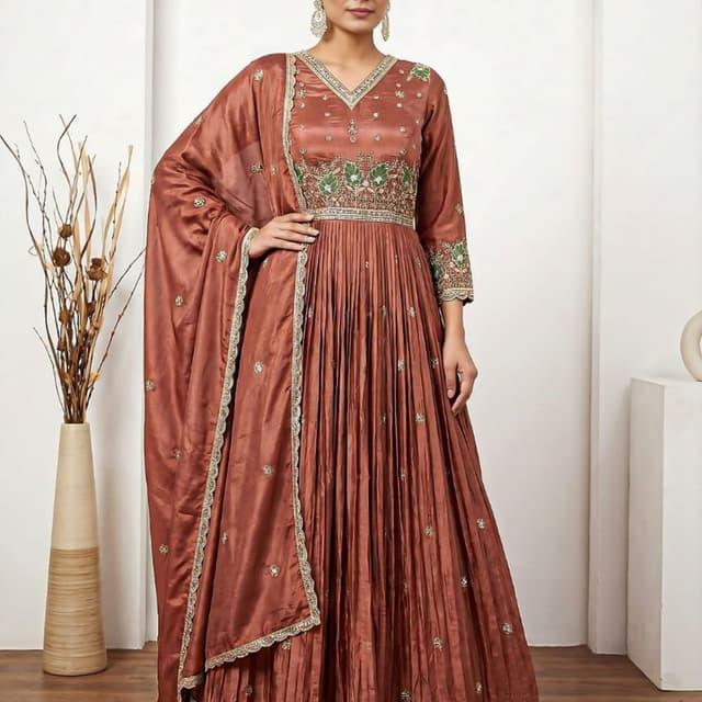 Brown, Green, Gold Anarkali Suit